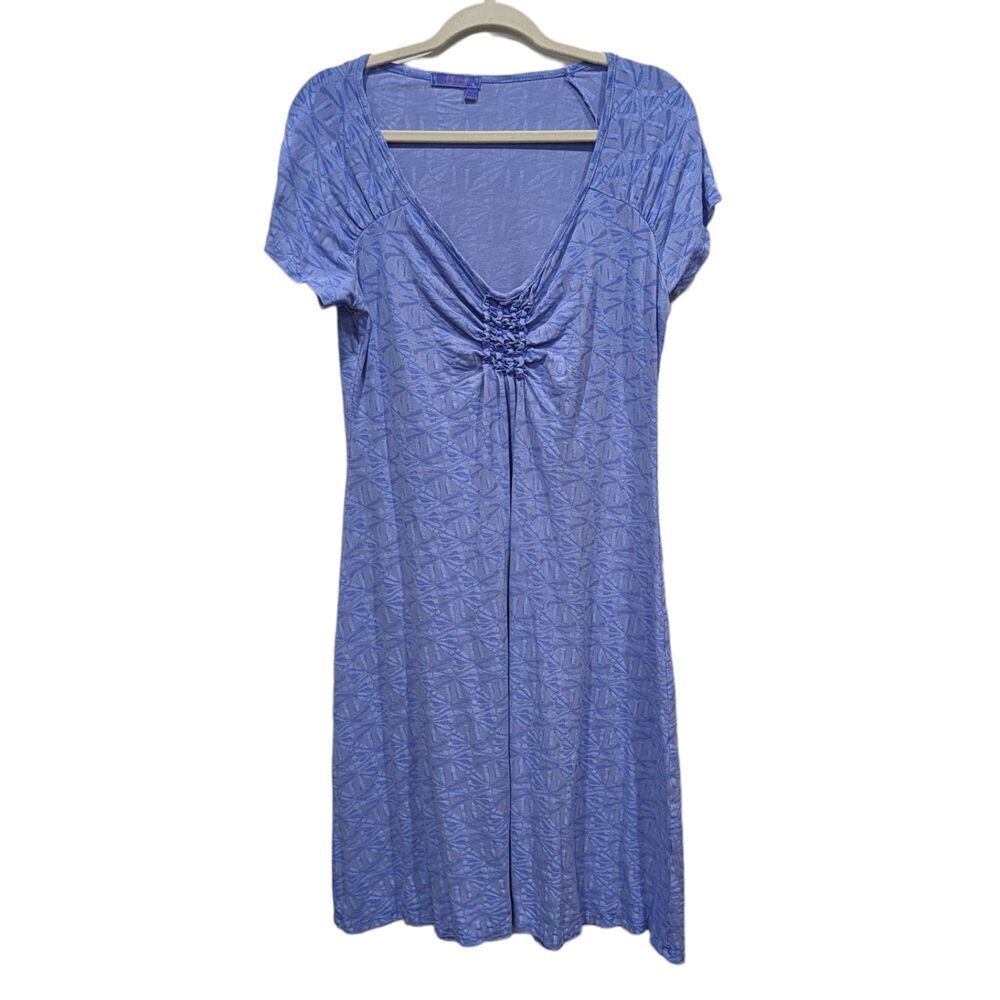 Fresh Produce Blue & Gray Bohemian Print Short Sleeve Smocked Shift Dress, M
